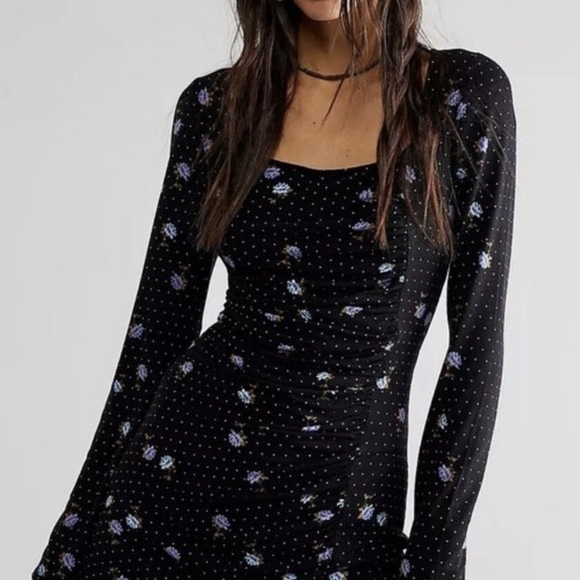 Free People Celia Mini Dress in black with a floral polka dot pattern - Picture 2 of 12